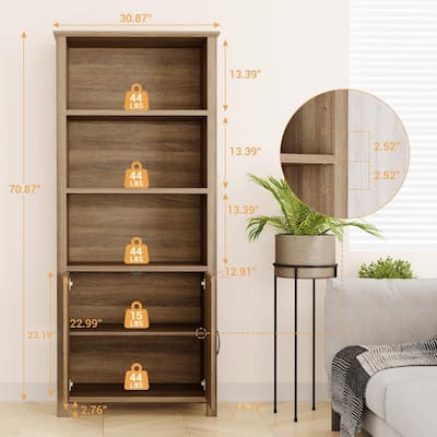 5-Tier Farmhouse Bookshelf with Doors Adjustable Shelf and Stable Legs