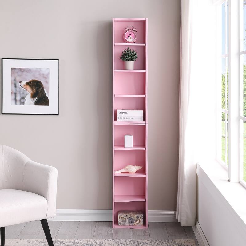 Roomfitters 8-Tier Tall Narrow Bookcase with Wavy Edge Design, Adjustable Shelves Slim Bookshelf for Living Room or Office