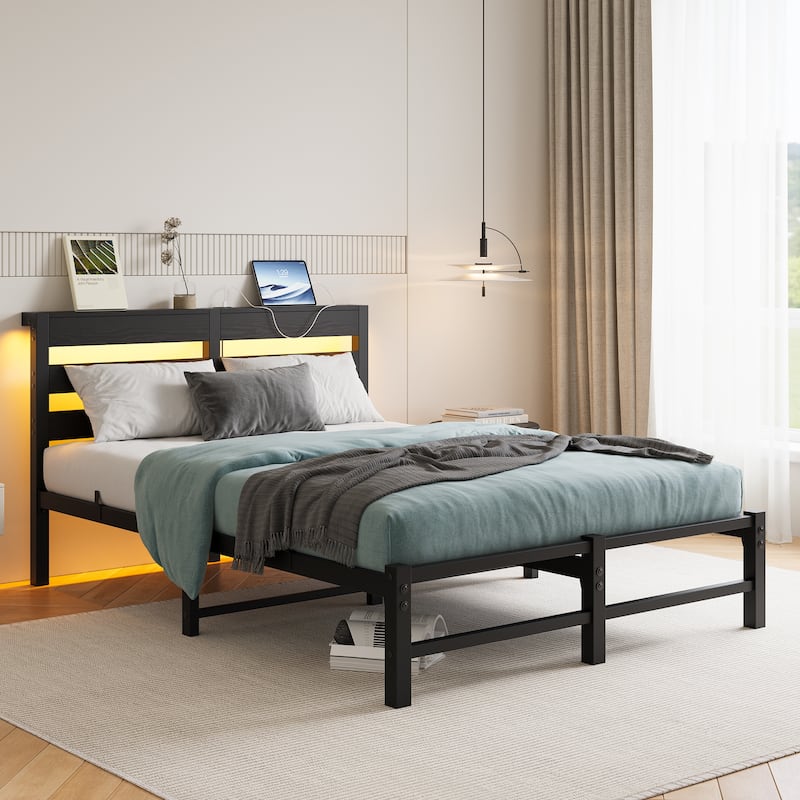 Black Full Size Metal Bed with Wooden Headboard, RGB Lights, and Storage Shelf