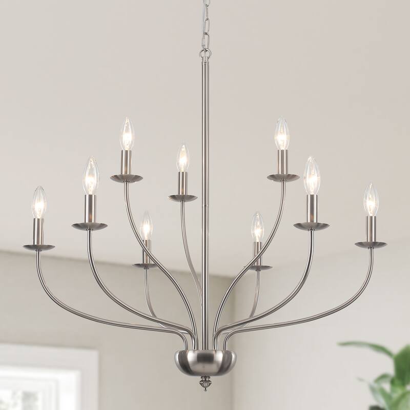 9-Light Candlestick Hanging Linear Chandelier Lighting 2-Tier Ceiling Light Fixture for Kitchen Island - Nickel