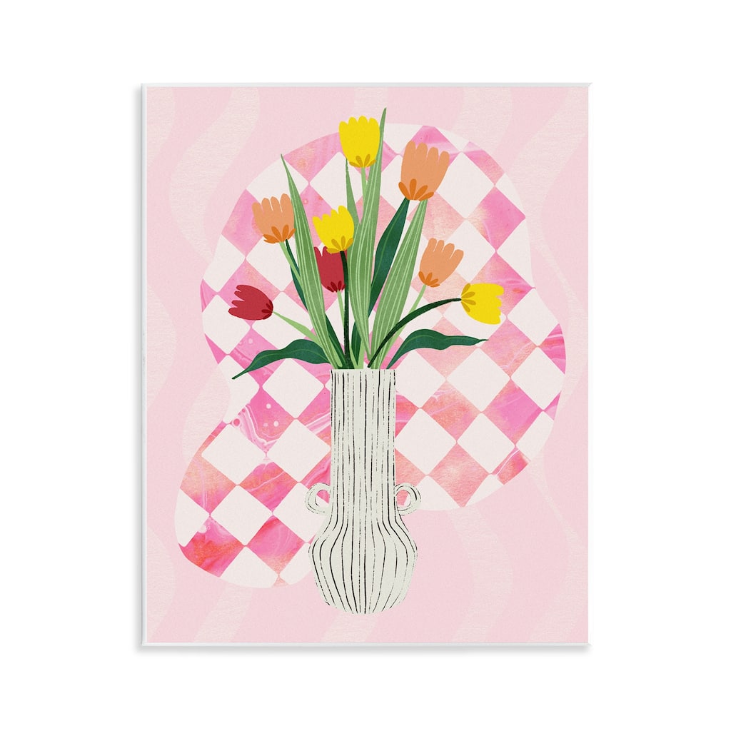 Stupell Yellow Tulip Vase on Checkered Wall Plaque Art Design By Ziwei Li