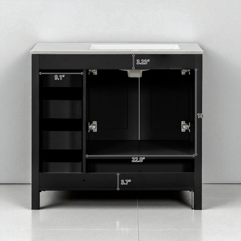 36" Bathroom Vanity with Ceramic Sink Solid Wood Base Soft Close Doors and 5 Storage Drawers