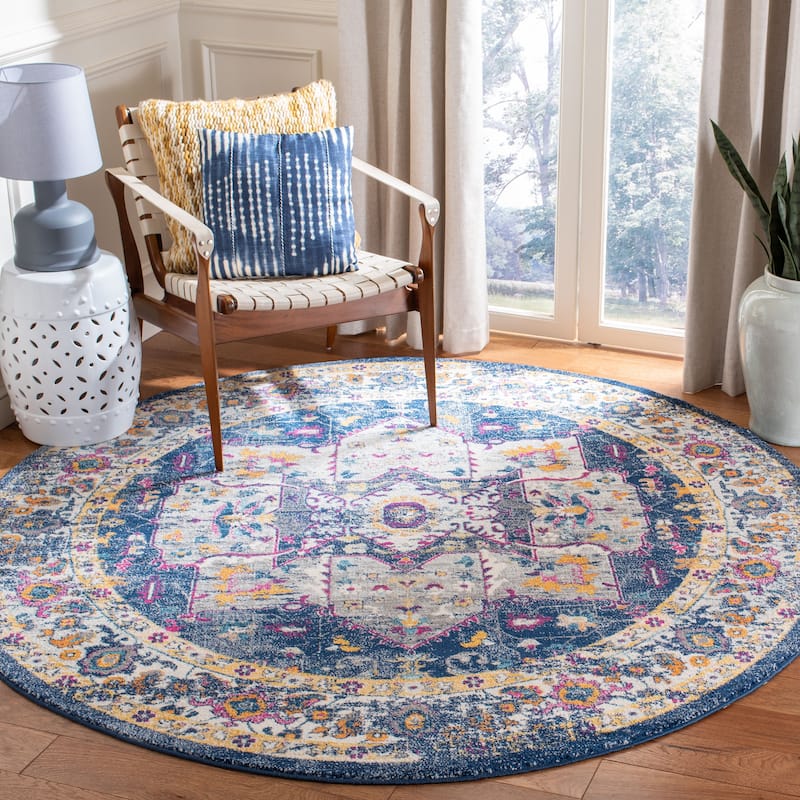 SAFAVIEH Evoke Spasenka Vintage Boho Medallion Rug - 6'7" Round - Navy/Grey