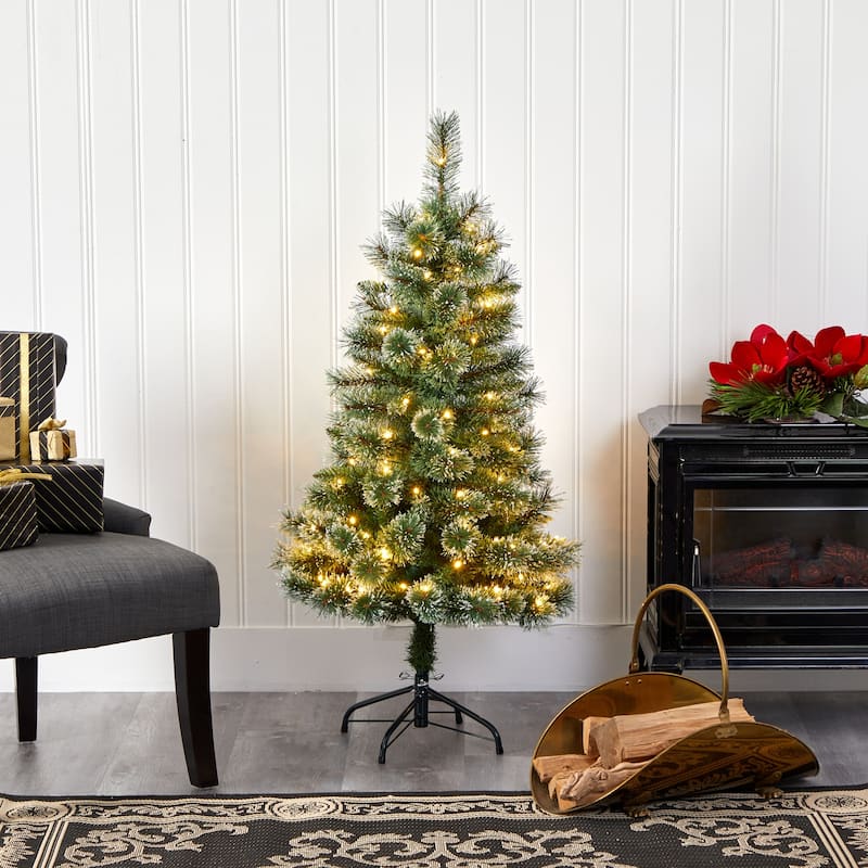 4Ft Slim Pine Christmas Tree with 100 Lights - Holiday Decor, Festive Tree, Indoor Christmas Decoration - Green - 44