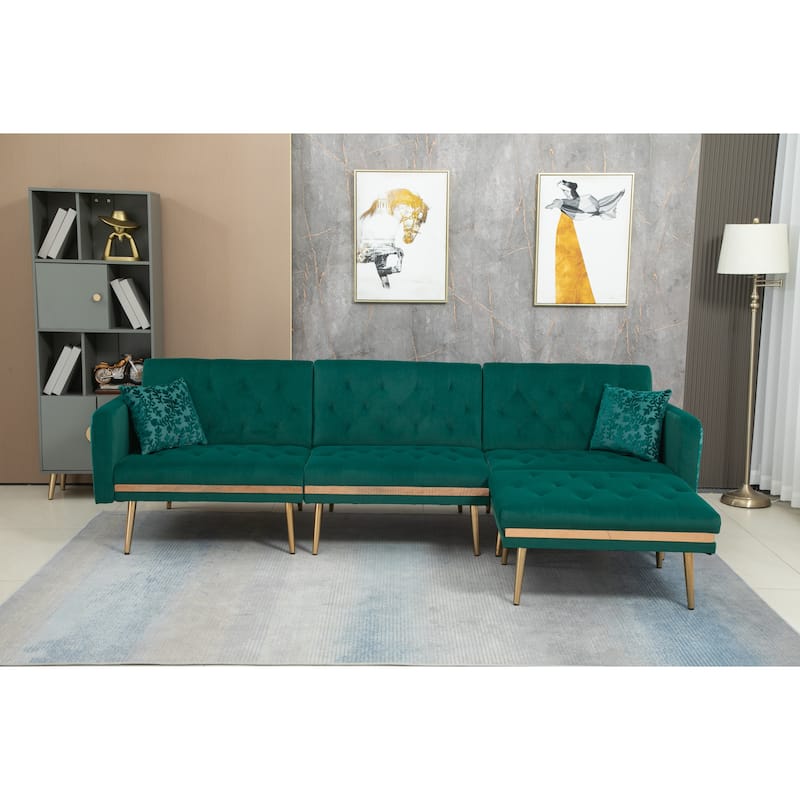 Polyester Upholstered Tufted Sleeper L-Shaped Sectional Sofa With Ottoman - Green
