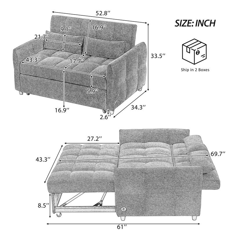 52.8" Loveseat Sofa Pull-out Sofa Bed Tufted Sleeper Sofa with an Adjustable Backrest, Three USB Ports and Two Lumbar Pillows