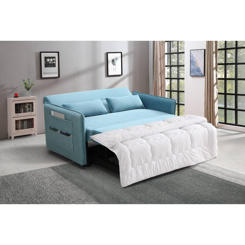 Convertible Sleeper Sofa Bed, Velvet Pull Out Sofa Bed, Loveseat Sofa with Adjustable Back, 2 Lumbar Pillows & Side Pocket