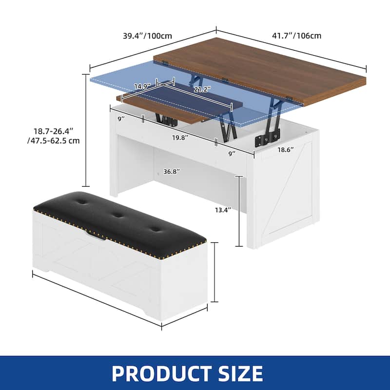 Moasis Wood Lift-Top Coffee Table Wheeled Dinning Center Table Set with Padded Ottoman