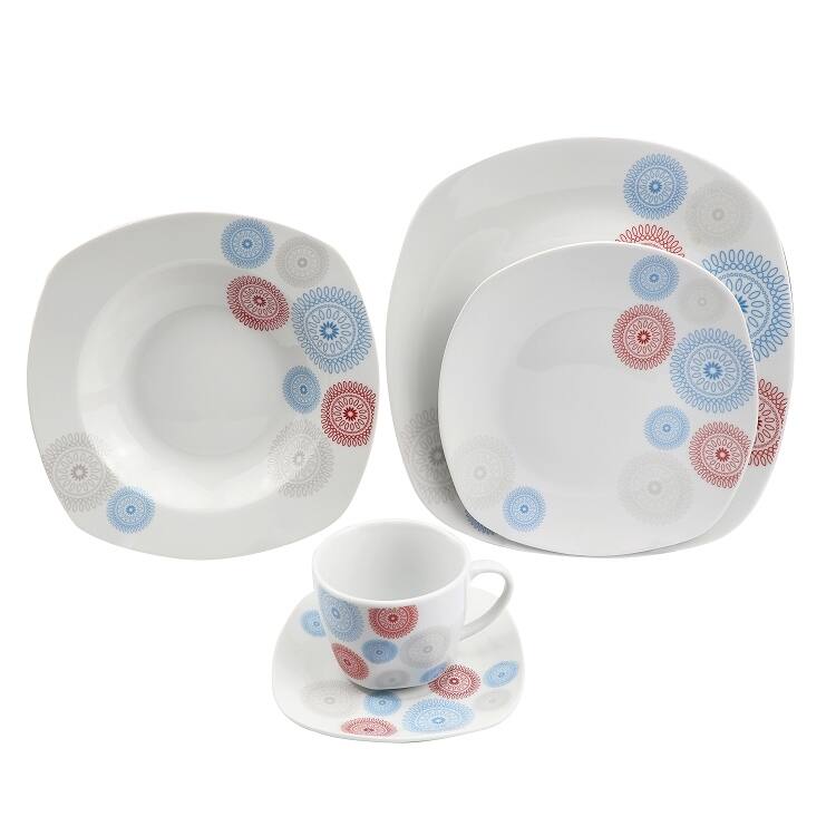 Porcelain 20 Piece Square Dinnerware Set Service for 4-Blue/Red