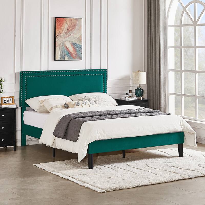 Upholstered Platform Bed Frame with Adjustable Headboard, Velvet Nailhead Trim, No Box Spring Needed