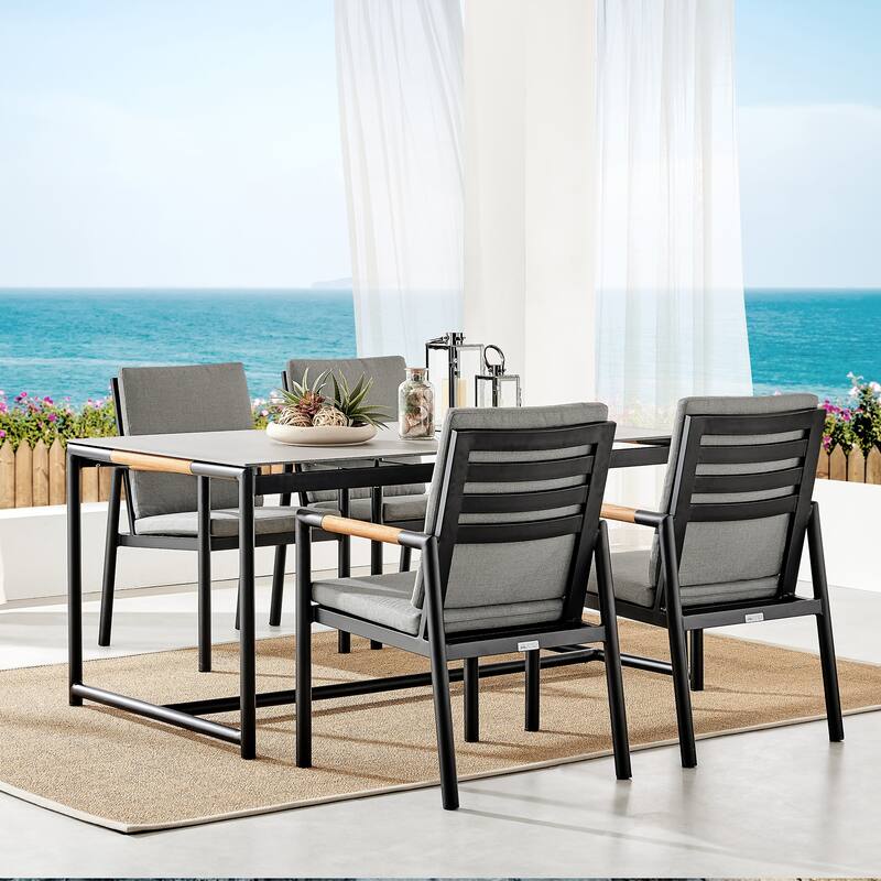 Crown 5 Piece Aluminum and Teak Outdoor Dining Set with Grey Fabric