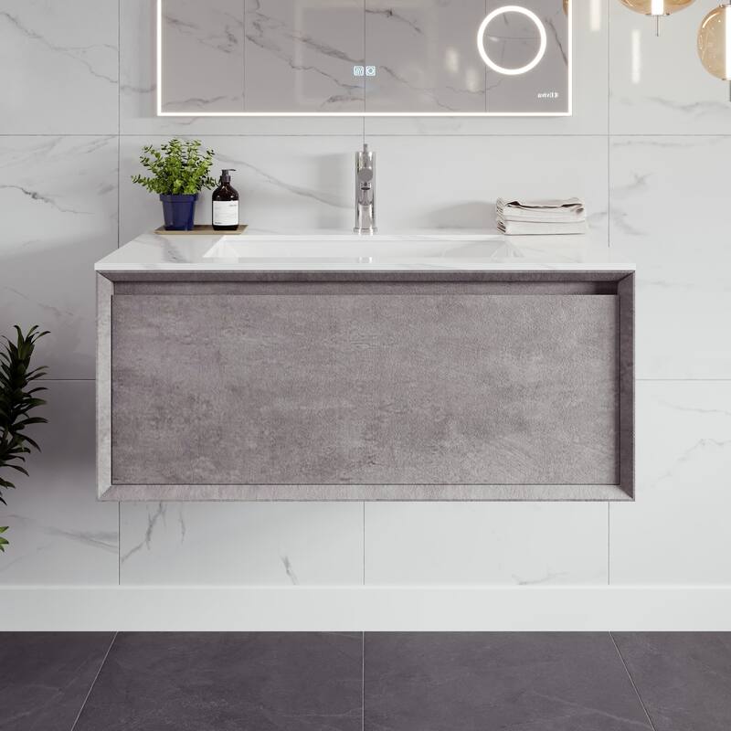 Eviva Aurora 36" Concrete Gray Wall Mount Bath Vanity with Carrara Quartz Top