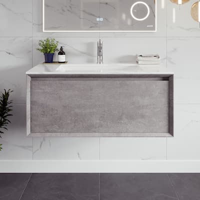 Eviva Aurora 36" Concrete Gray Wall Mount Bath Vanity with Carrara Quartz Top