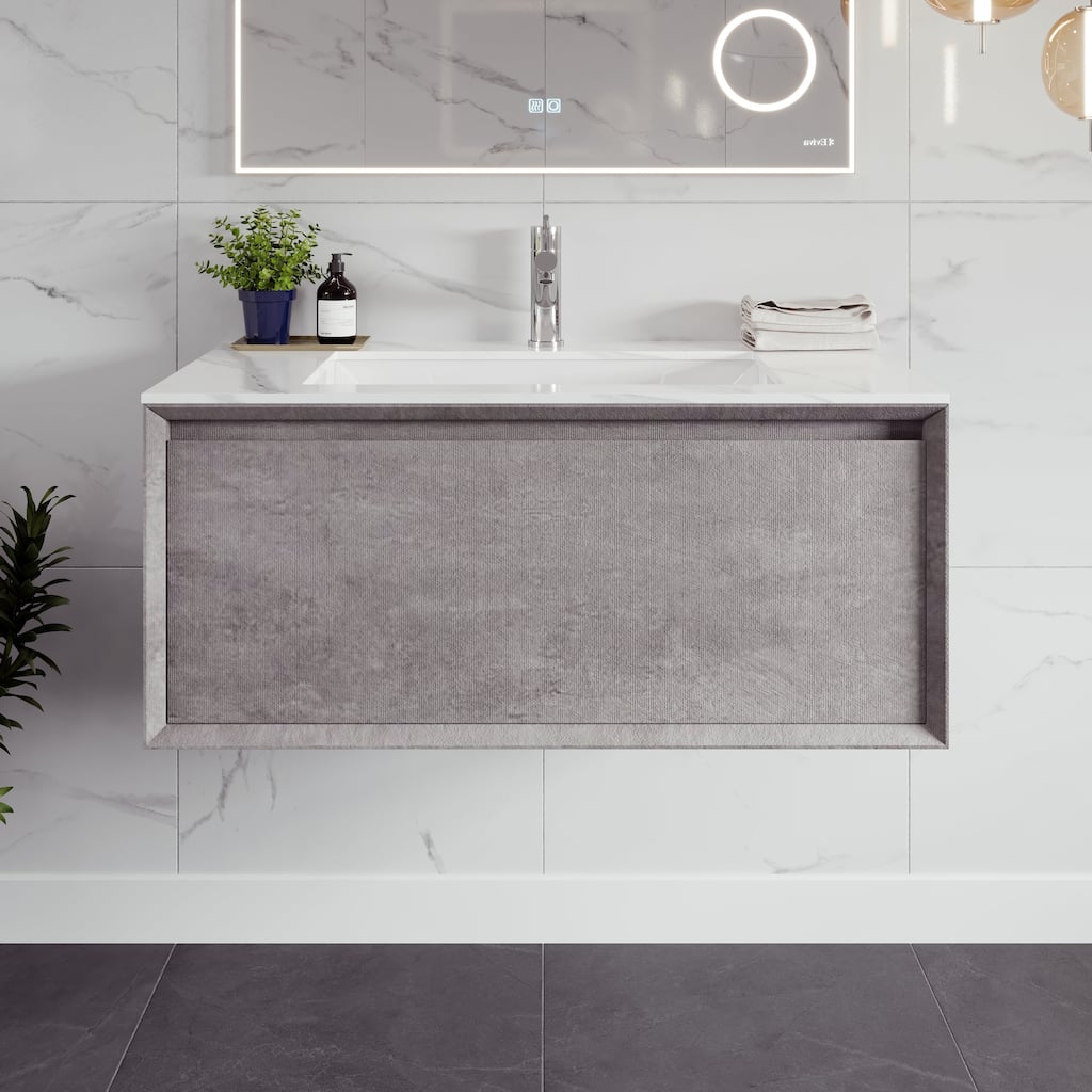 Eviva Aurora 36" Concrete Gray Wall Mount Bath Vanity with Carrara Quartz Top