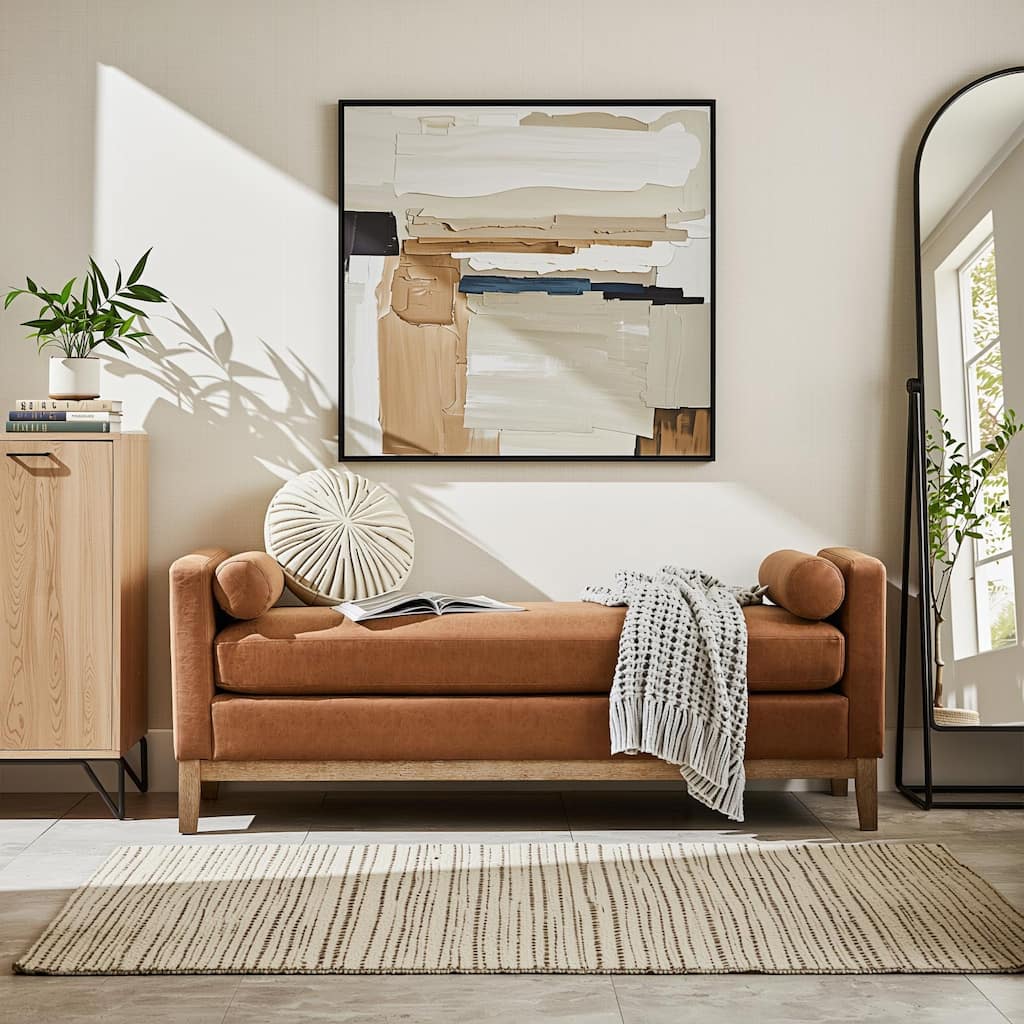 Homy Casa Upholstered Bench Sofa with Pillows, Wooden, Entry Living