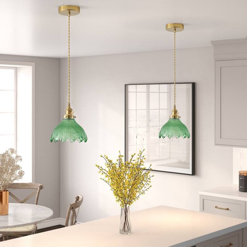 Modern 1 Light Dark Green Glass Pendant Light Electroplated Brass Ceiling Fixture