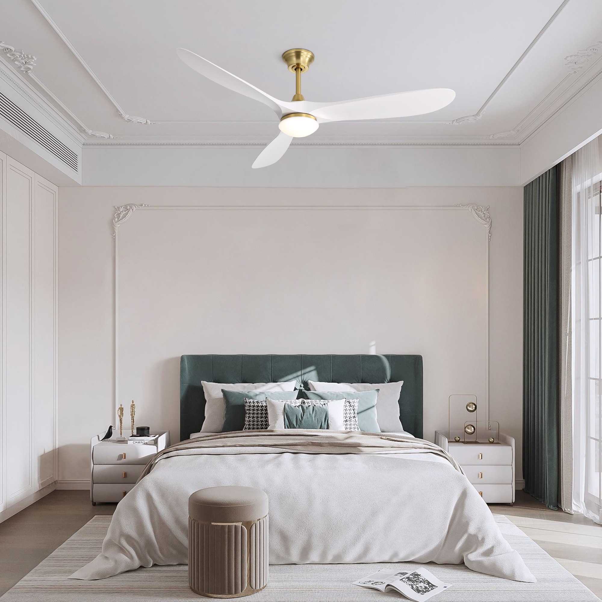Golden White Modern Ceiling Fan with Dimmable Light & Remote