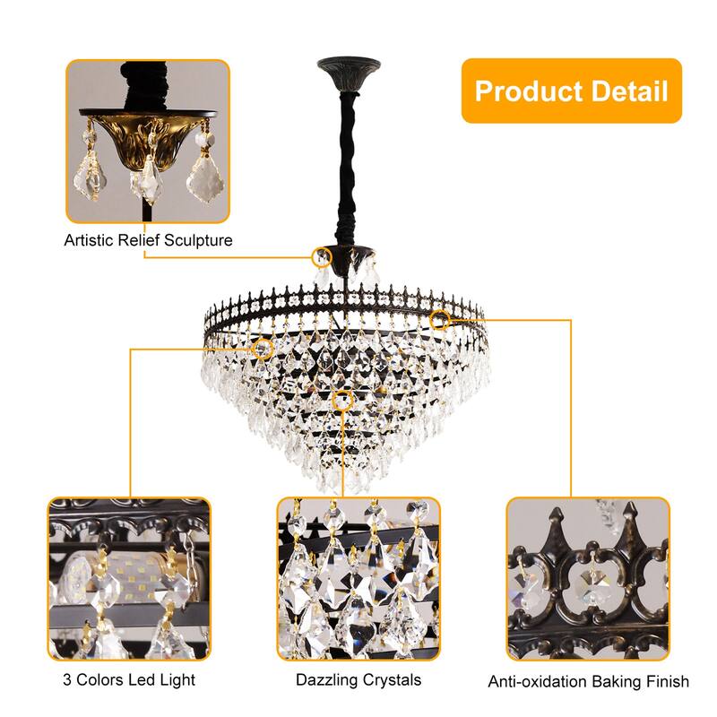 Vintage Crystal Chandelier Round Ceiling Pendant Lamp Hanging with Matt Black Iron Frame