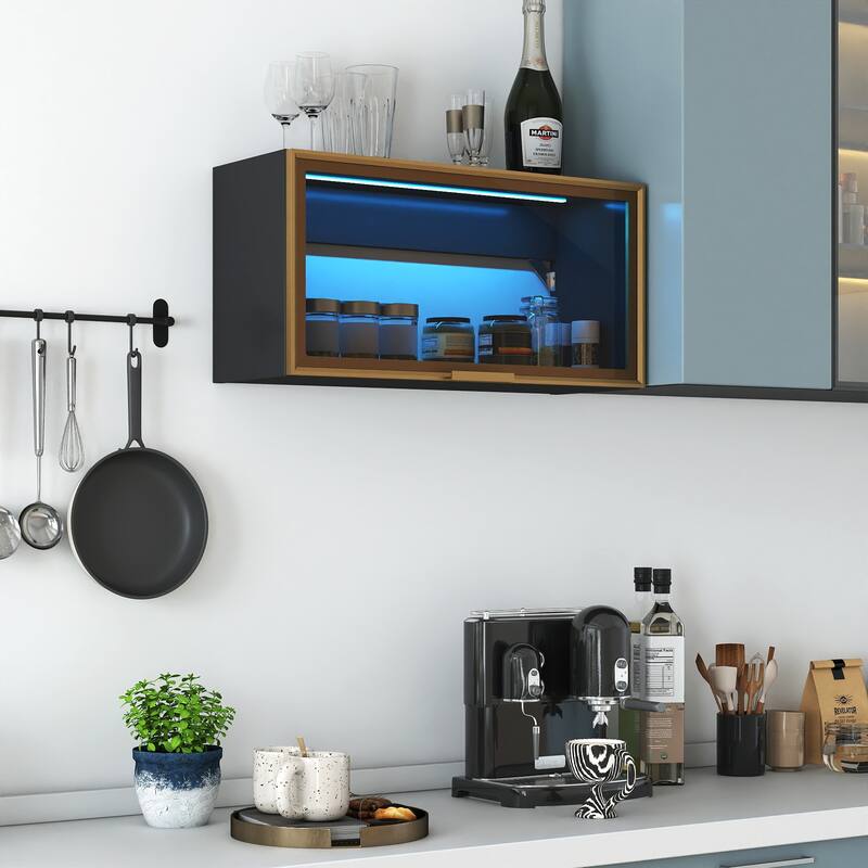 Large-Capacity Spice Rack Wall Mounted Storage Cabinet, Black Hanging Kitchen Pantry with Up-Flip Door