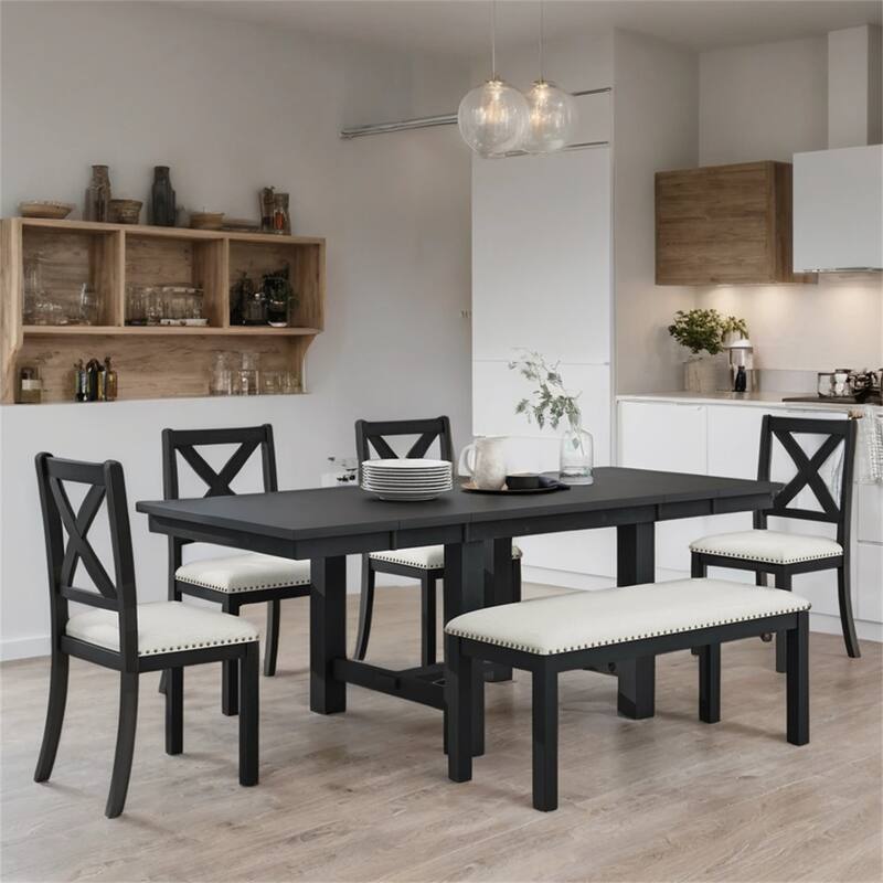 82" 6 Piece Extendable Dining Set with Footrest,4 Chairs and Bench