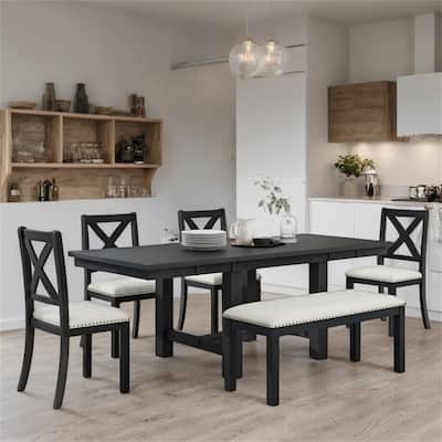 82" 6 Piece Extendable Dining Set with Footrest,4 Chairs and Bench