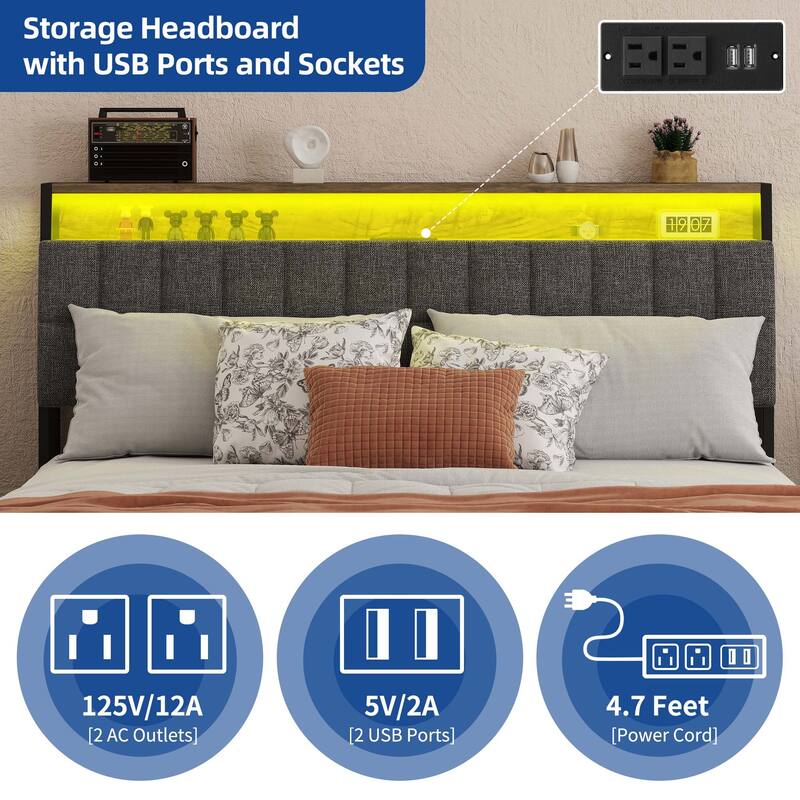 Moasis Rustic Grey Storage Platform Bed Frame with Storage Headboard with Power Outlets and 4 Drawers