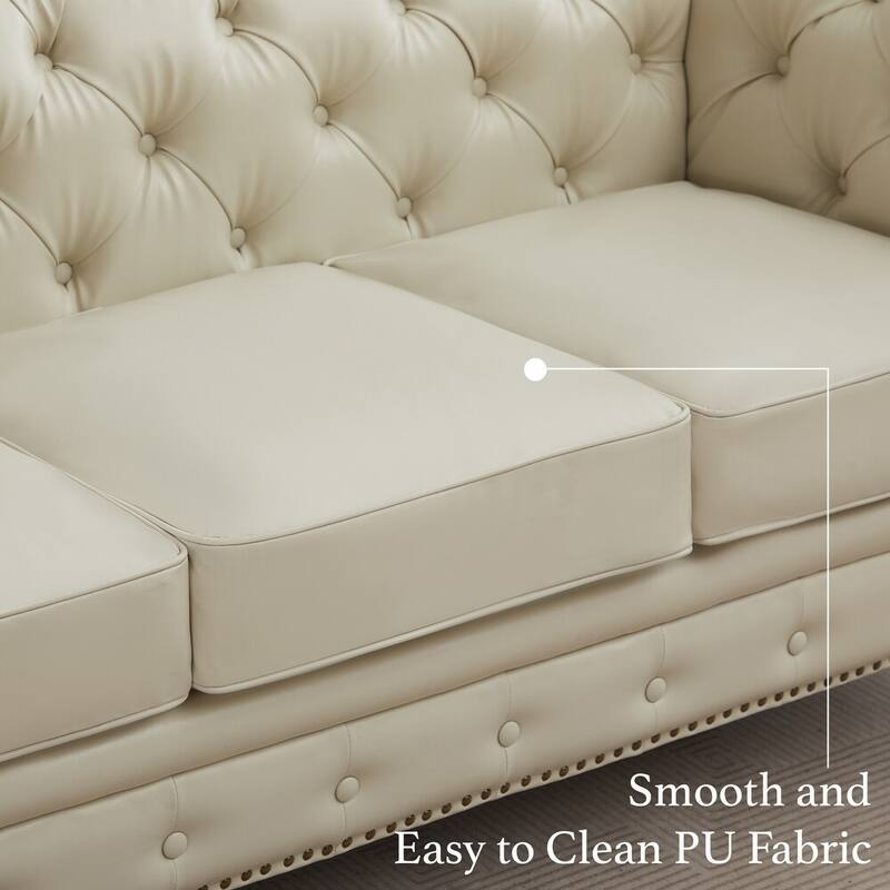 84" PU Leather 3-Seat Sofa with Button Tufted Back & Rolled Arms - 83" W