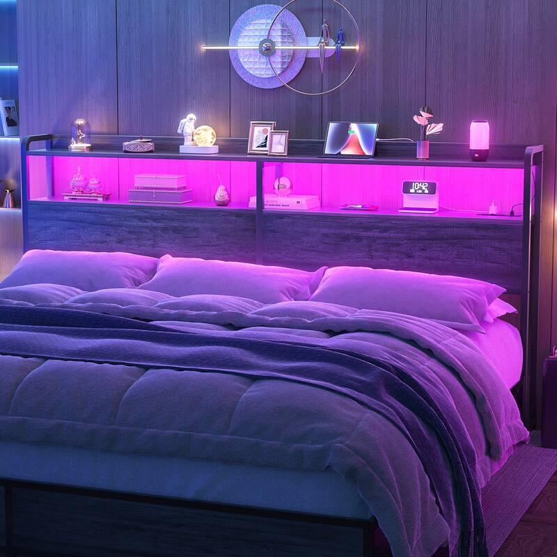 Headboard with Storage Drawers and LED Light, Head Board with Outlets, USB Ports