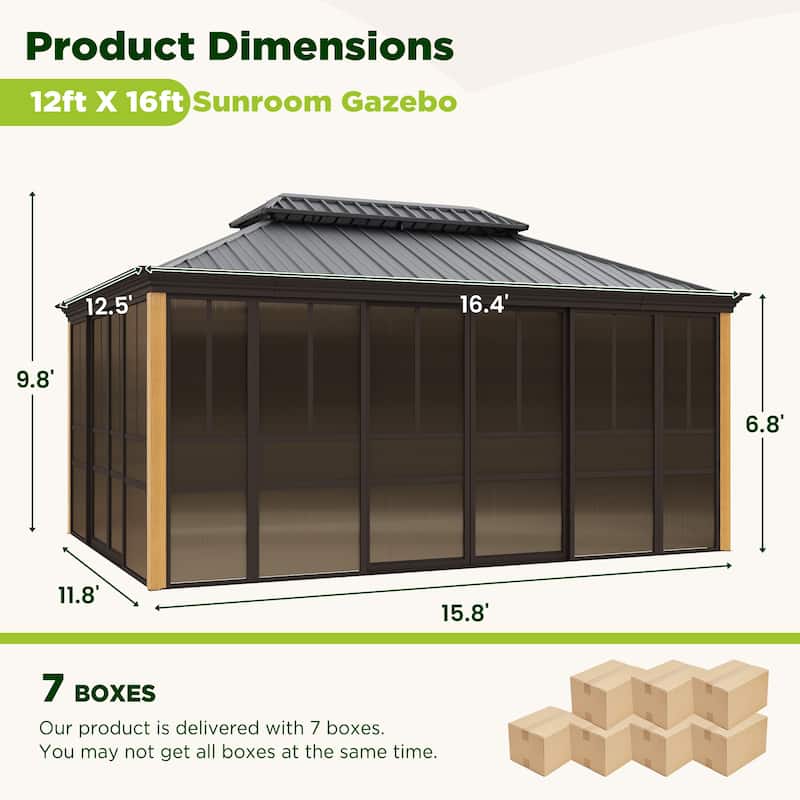 Erommy Outdoor Solarium Sunroom, Patio Hardtop Gazebo, Aluminum Frame Permanent Gazebo with Sliding Doors and Screens