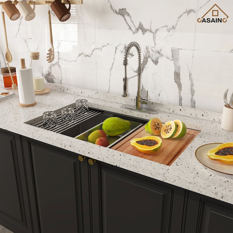 Undermount Single Bowl 18 Gauge Brushed Stainless Steel Workstation Kitchen Sink with Sliding-Accessories - 32" x 19" - Silver