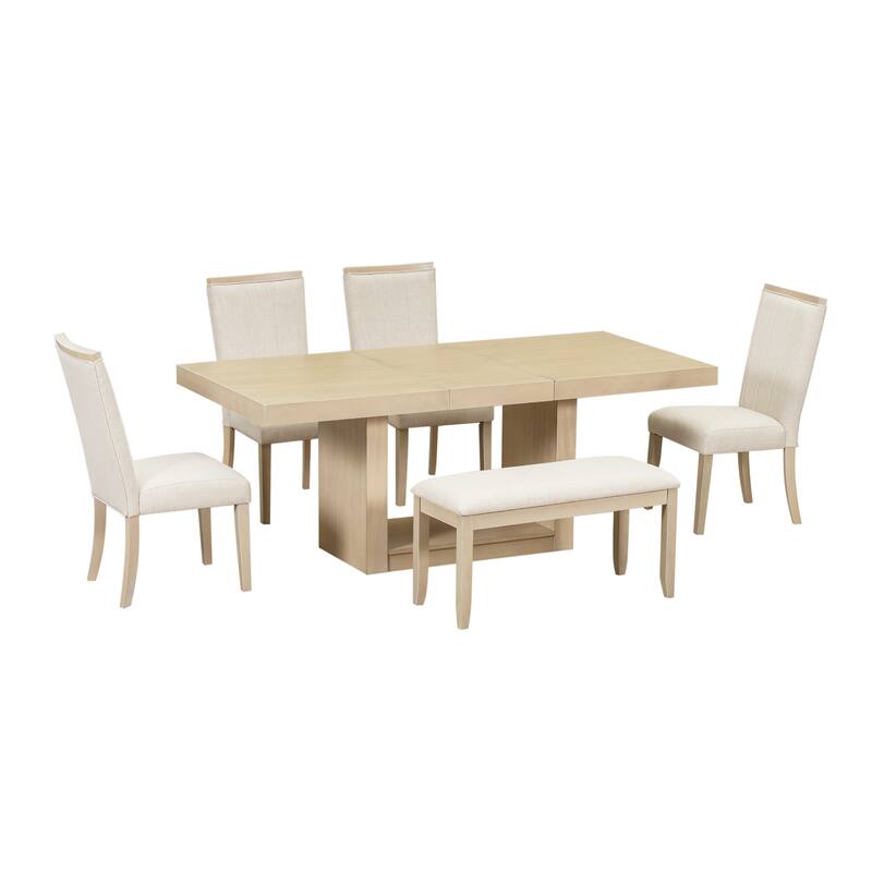 6-Piece Extendable Pedestal Dining Table Set with 18inch Removable Leaf and Dining Bench, 4 Upholstered Dining Chairs