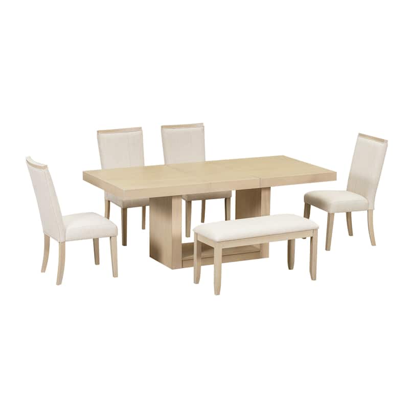 Roomfitters Contemporary 6-Piece 78" Extendable Pedestal Dining Table Set with 18" Leaf, Bench and 4 Chairs, Natural