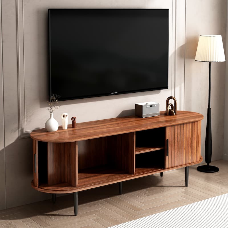 55" Modern TV Console Table with Storage Compartment and Sliding Door, Gaming Entertainment Center with Cabinet for Living Room