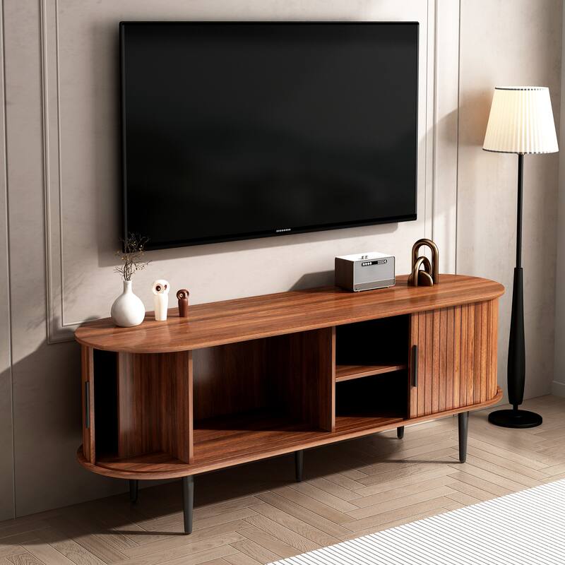 Modern TV Stand with Sliding Door, Wood Media Console Table with Fluted Design, Entertainment Center with Storage Cabinet