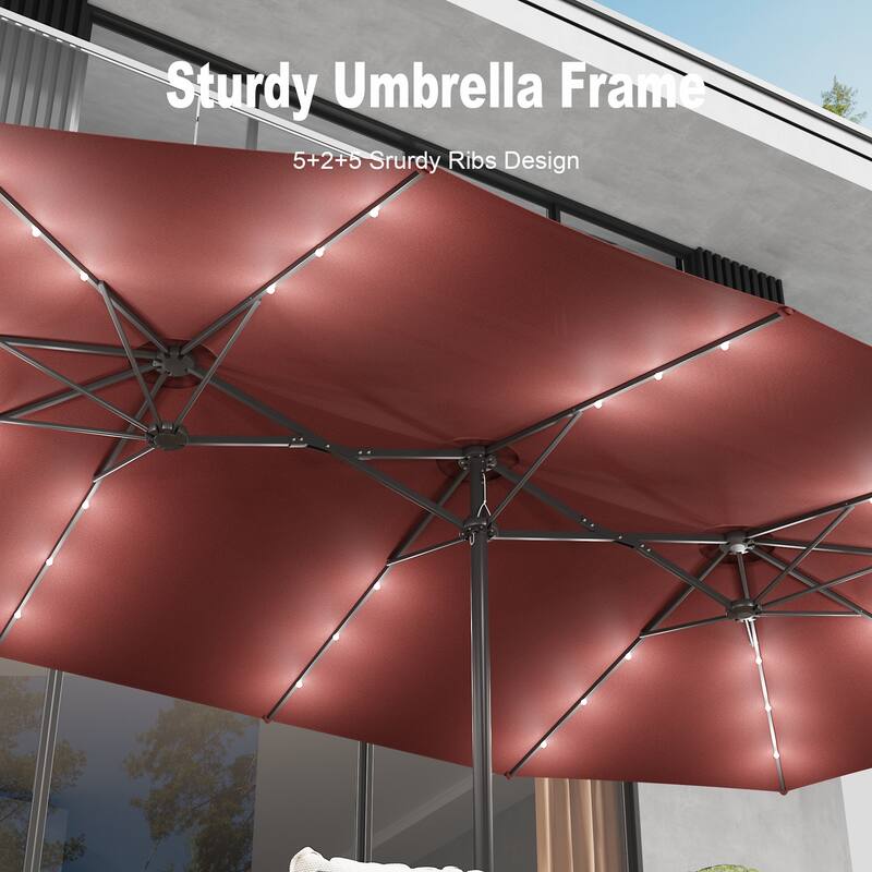 15ft Solar LED Double Patio Umbrella with Base, Extra Large Twin Outdoor Market Umbrella with 36 Lights, 180g Polyester Canopy