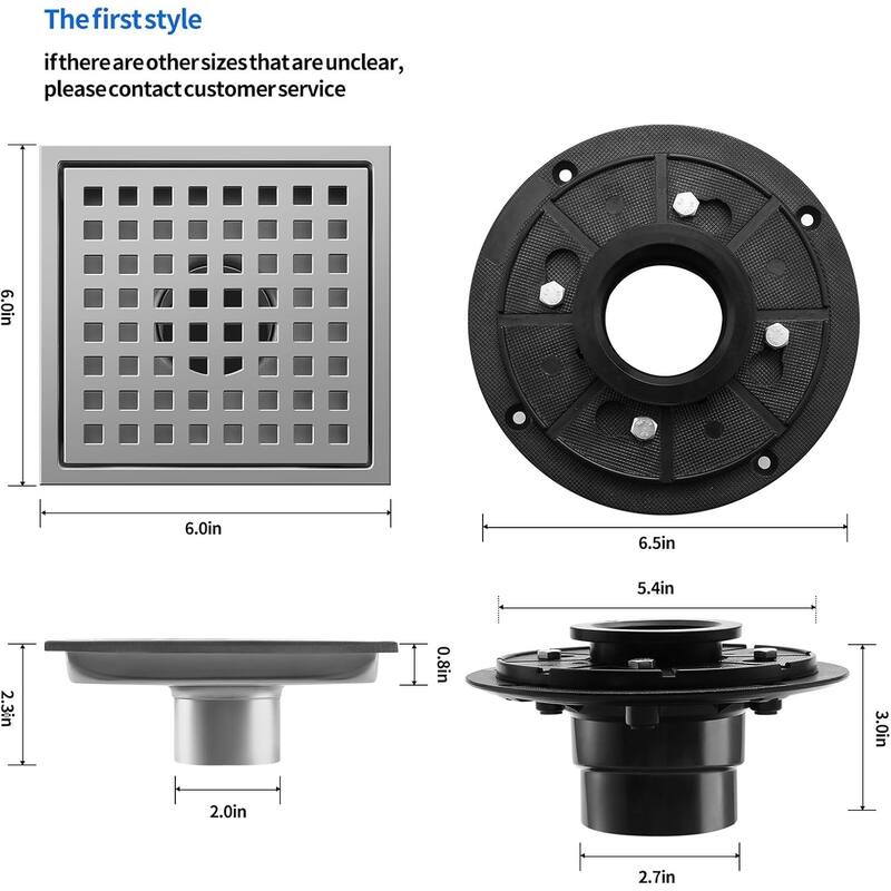 PROOX 6 inch Square Shower Floor Drain with Flange Removeable Grid Panel - 6 in.