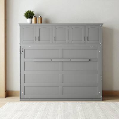Queen Size Murphy Wall Bed with Top Cabinets, Space Saving Cabinet Bed with Storage, No Box Spring Needed