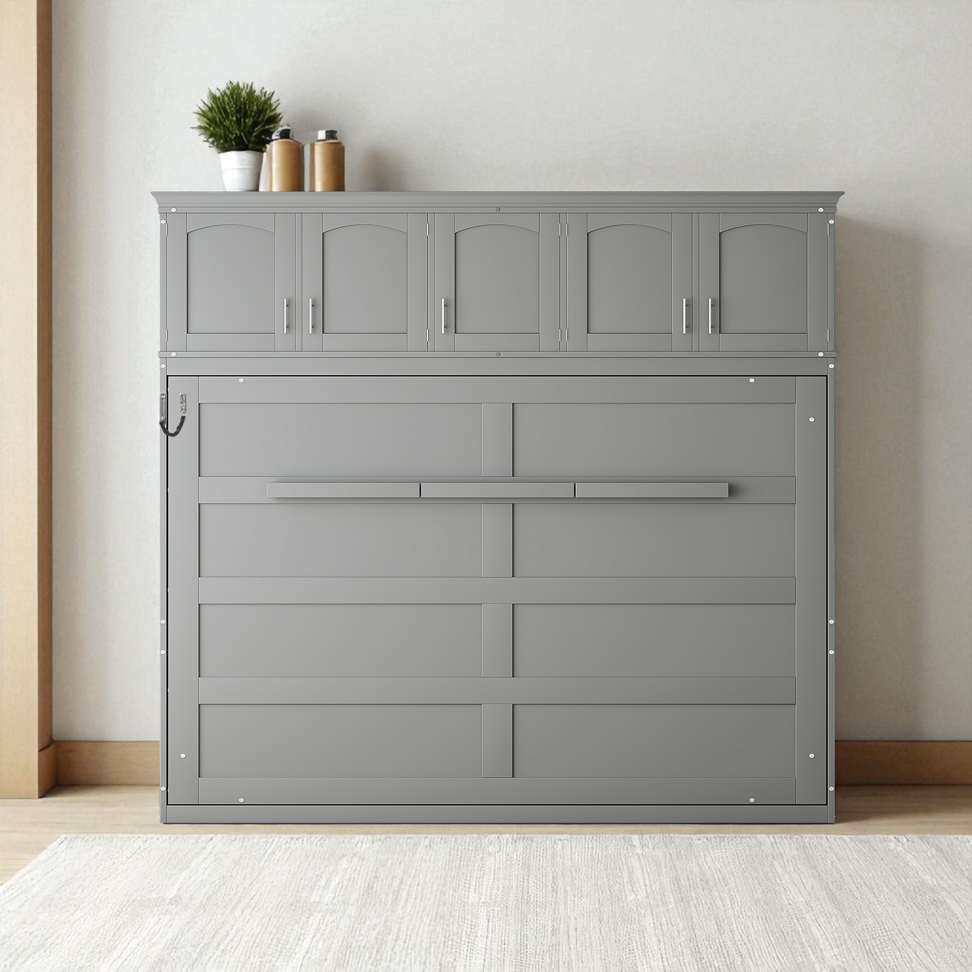 Queen Size Murphy Wall Bed with Top Cabinets, Space Saving Cabinet Bed with Storage, No Box Spring Needed