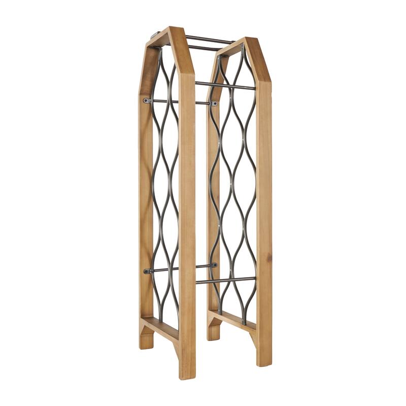 Brown Wood 11 or 8 Slot Geometric Wine Rack with Gray Metal Curved teardrop or Hexagon Holders