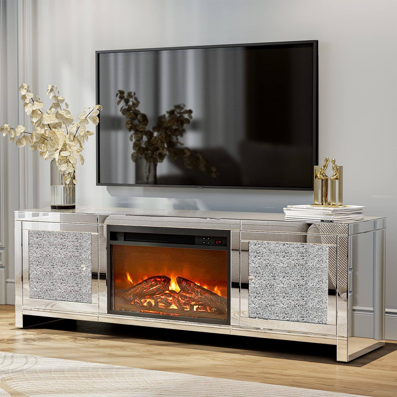 Mirror glass TV stand with Electric Fireplace, Crystal Decor Doors
