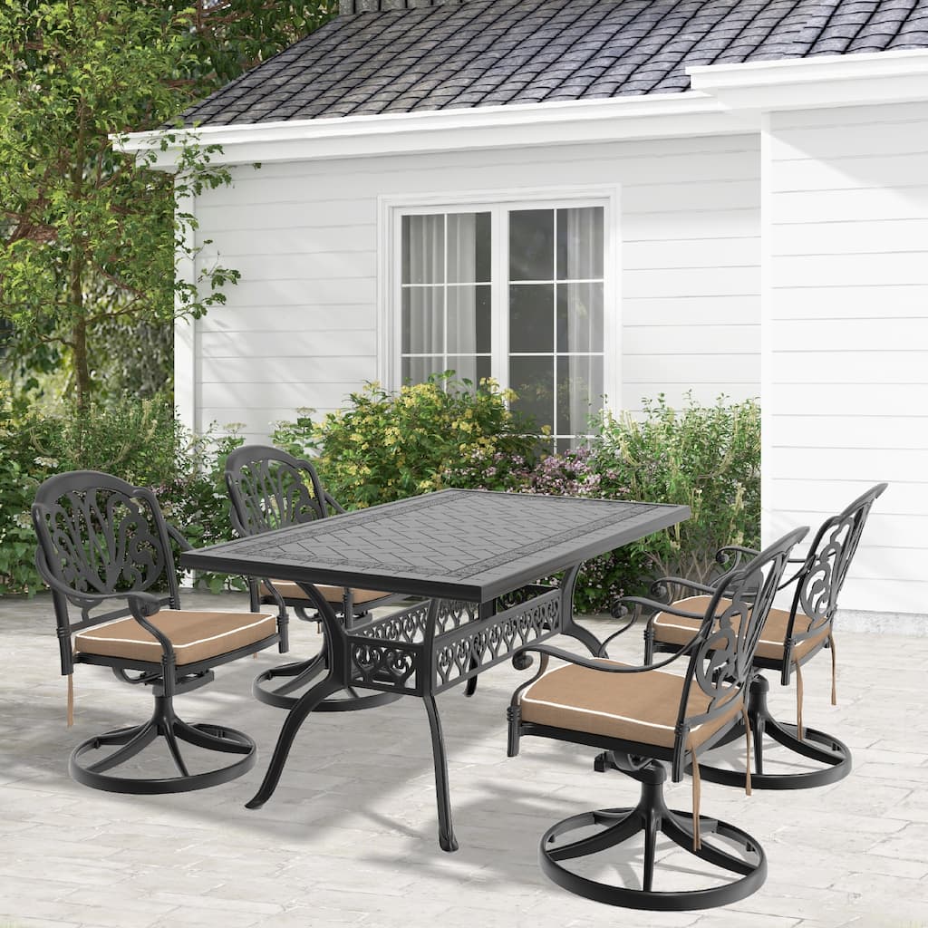 5-Piece Outdoor Patio Dining Set, All Weather Cast Aluminum Patio Funiture Set with 4 Swivel Chairs and Rectangular Table