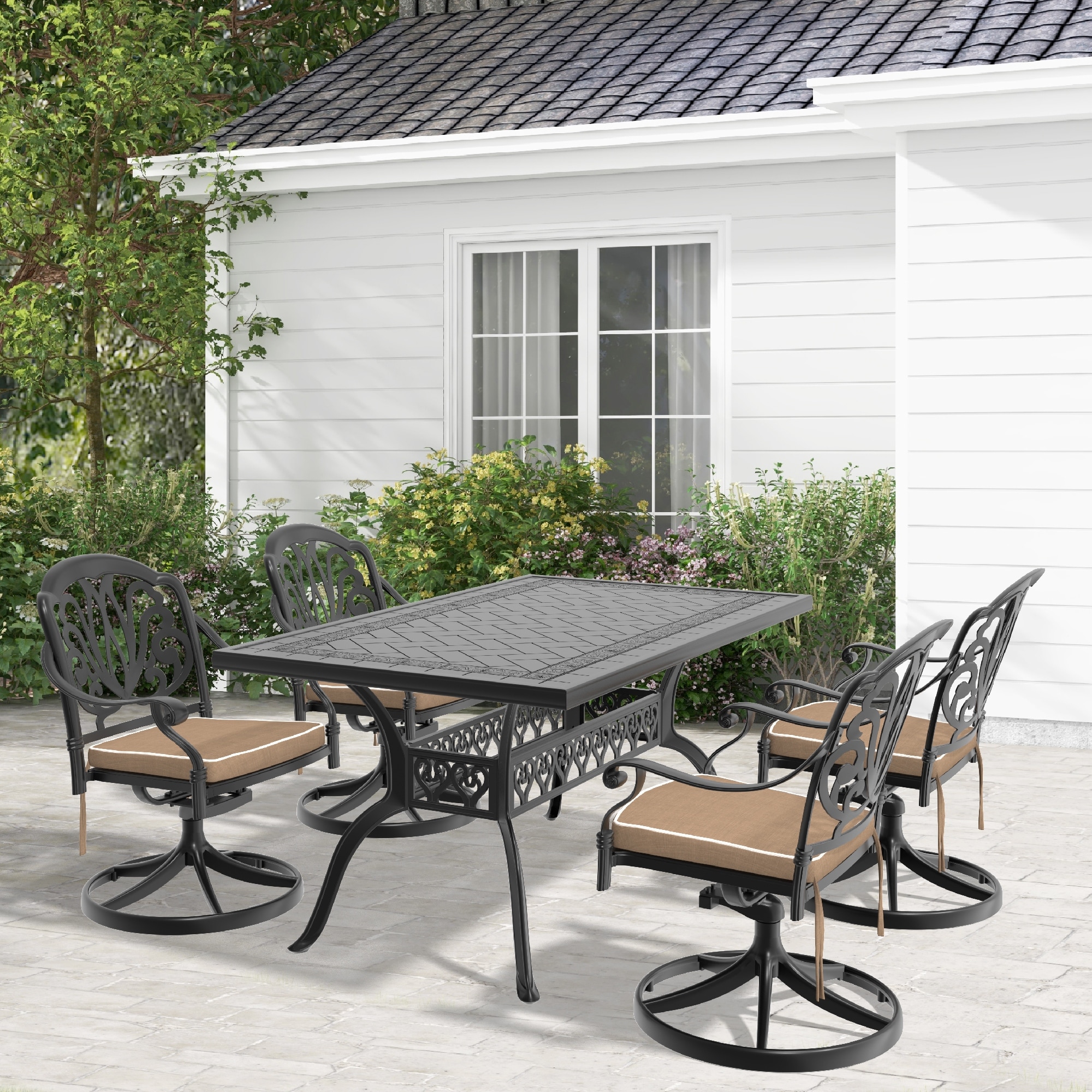 5-Piece Outdoor Patio Dining Set, All Weather Cast Aluminum Patio Funiture Set with 4 Swivel Chairs and Rectangular Table