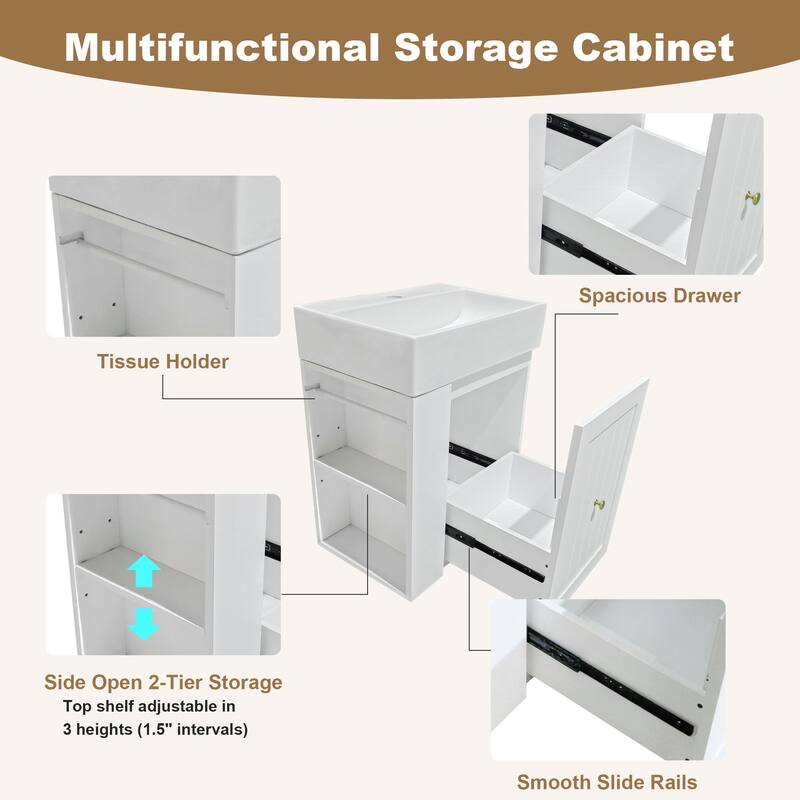 GDF Studio - Lizzar Modern Solid Wood + MDF 20-Inch Bathroom Vanity with Ceramic and Side Shelf