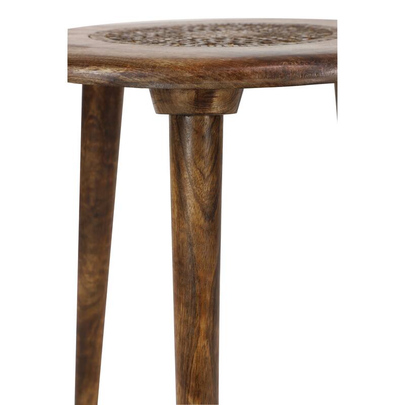 Mango Wood Handmade Intricately Carved Floral Accent Table with Tripod Legs - Dark Brown, White, Brown