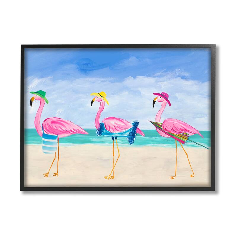 Stupell Cute Pink Flamingos Beach Attire Strolling Coast Illustration Framed Wall Art