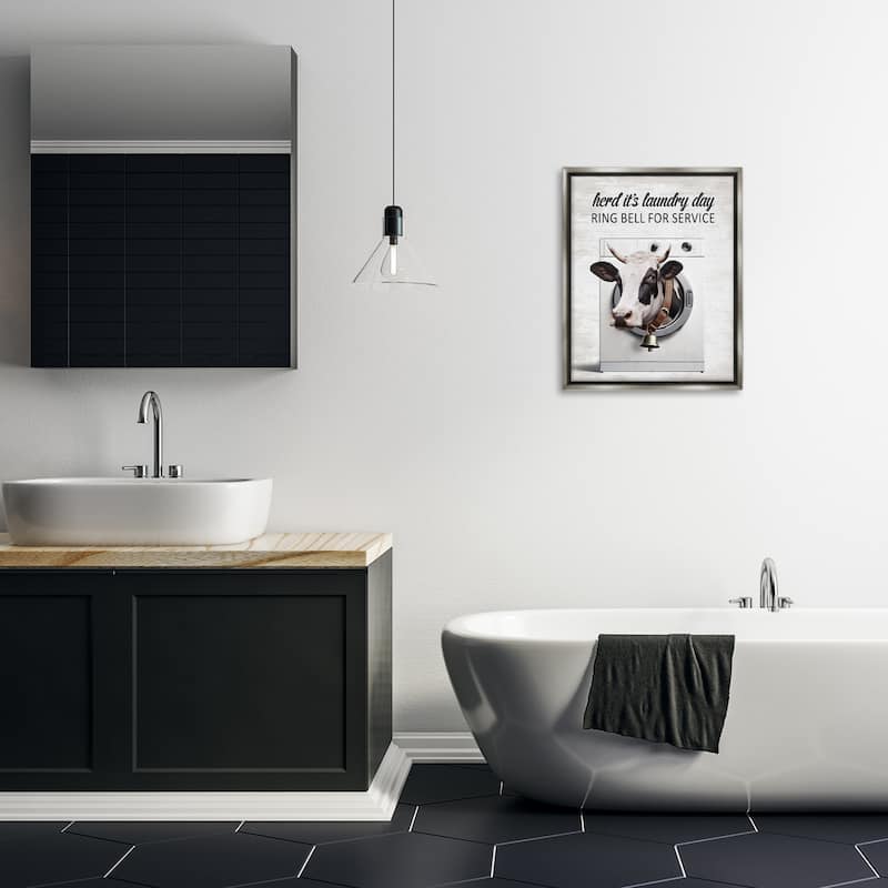 Stupell Ring Bell Laundry Service Cow Framed Floater Canvas Wall Art Design By Lettered and Lined