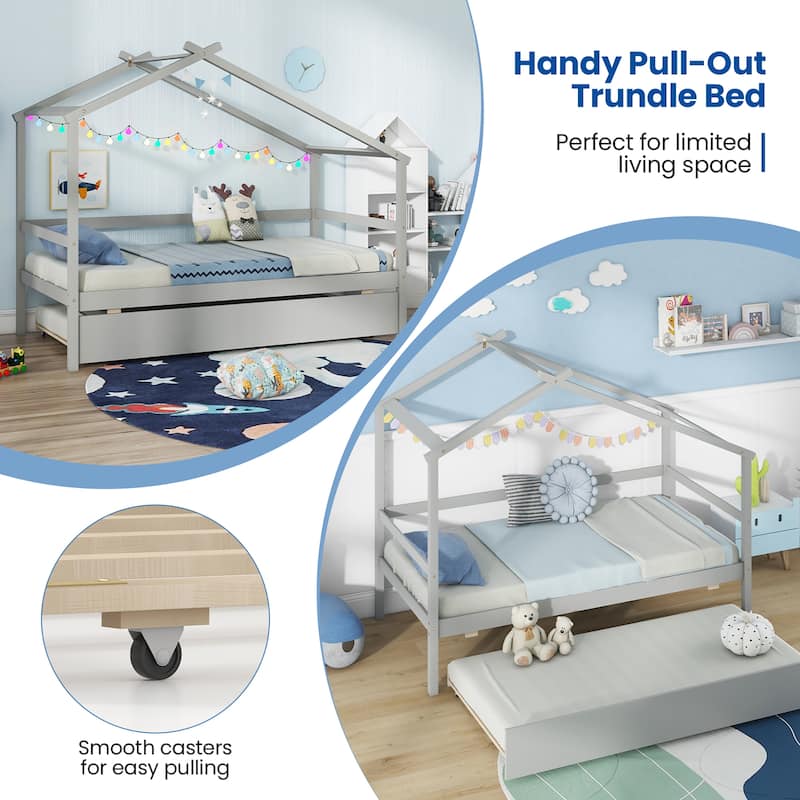 Gymax Twin House Bed w/ Trundle w/ Roof & Fence Rails Wooden Platform
