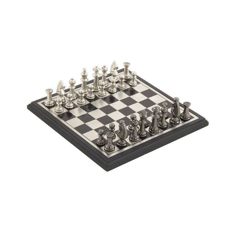 Aluminum Metal Chess Game Set with Black and Silver Pieces - Silver - Roche River Decor