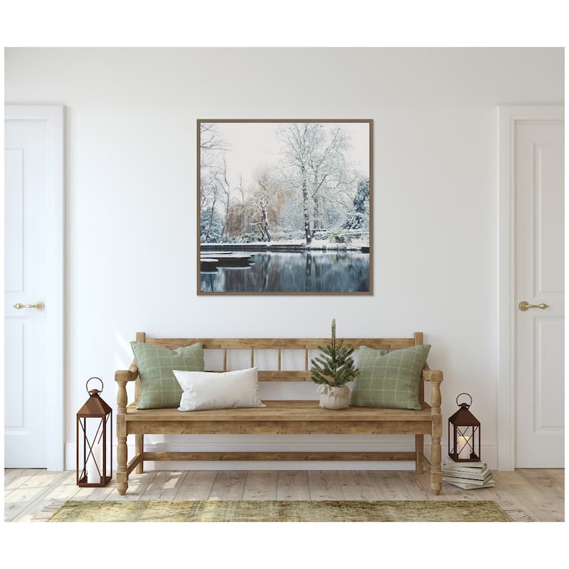 Kate and Laurel Sylvie Framed Canvas Snow Covered Punts on the River Cam by Laura Evans