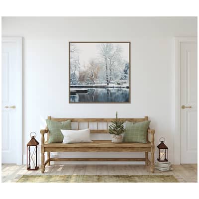 Kate and Laurel Sylvie Framed Canvas Snow Covered Punts on the River Cam by Laura Evans